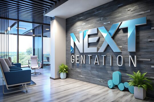 Modern office reception area with sleek blue and white next generation dimensional lettering on a textured stone wall and comfortable seating with large windows overlooking a green landscape