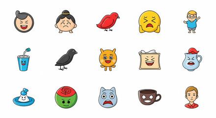 Obraz premium Collection of Cute Cartoon Emoticons and Emoji Characters on White Background