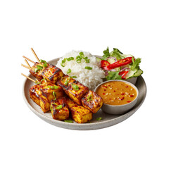 Fototapeta premium Delicious Grilled Tofu Satay with Rice, Peanut Sauce, and Fresh Salad