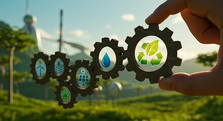 A hand holds a gear with a recycling symbol, representing sustainable energy and nature.