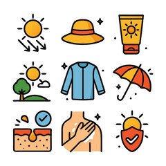 Nine sun protection icons including sunscreen. Ideal for skincare websites, brochures, healthrelated designs, and summerthemed graphics.