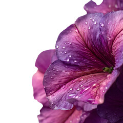 Closeup of Petunia Blossom with Dew Drops Vibrant Purple Petals and Water Droplets white background against transparent Background