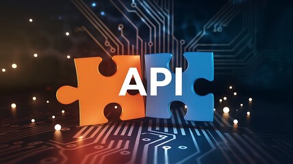 Obraz premium Orange blue puzzle pieces forming A P I on circuit board application programming interface