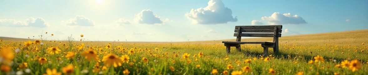 Fototapeta premium Sun-Drenched Solitude Empty Bench in Wildflower Field, Peaceful Summer Landscape