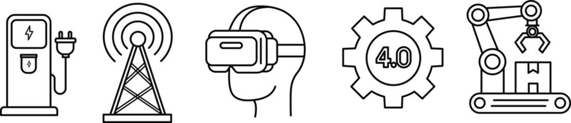 Industry 4.0 Icons: Modern monochromatic icons represent the key technological components of the fourth industrial revolution, reflecting innovation, connectivity, and automation.