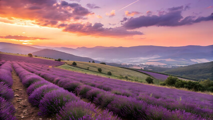 Fototapeta premium A vibrant purple lavender field in Provence, France, bathed in the warm glow of a summer sunset