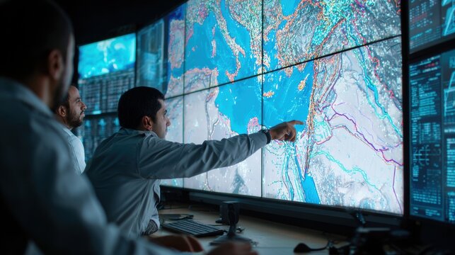 Team of Analysts Using Large Digital Map Screens for Data Analysis in Control Room