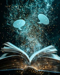 Animated speech bubbles floating a book Introduction to Dialogue Writing conceptual digital art vibrant text effects and book imagery digital art