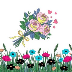 Obraz premium A cheerful bouquet of pink and yellow roses with a yellow ribbon sits above a border of colorful wildflowers and green grass
