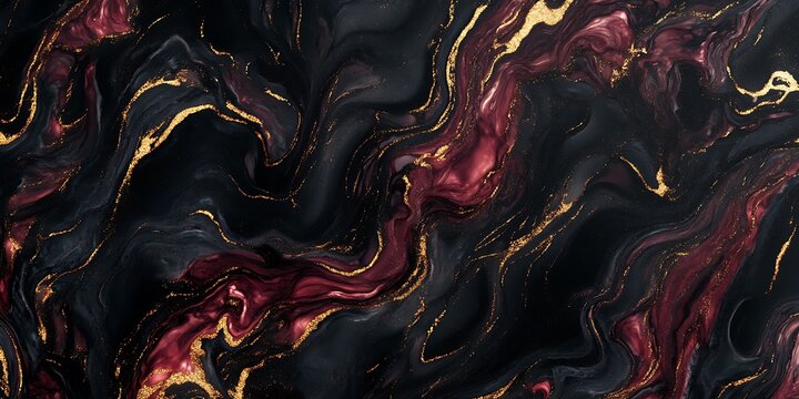 A close-up of swirling black and deep ruby-red marble ink highlighted with brilliant gold veins that create a rich and dramatic visual effect