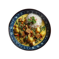 Delicious Tofu and Vegetable Curry with Rice in a Blue Bowl