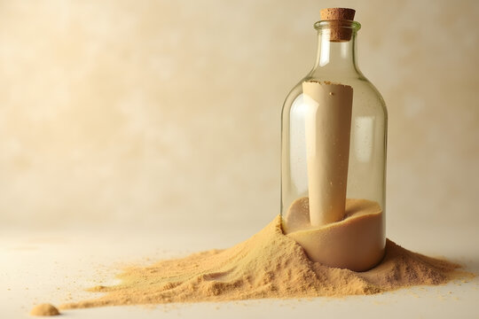 Minimalist scene of message in a bottle half-buried in golden sand. Warm light, soft shadows, and nostalgic mood evoke mystery, discovery, and timeless storytelling.