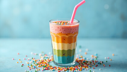 Colorful layered smoothie in a tall glass with sprinkles on a blue background