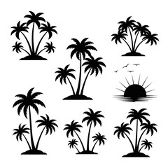 Silhouette Collection: Six Tropical Palm Trees, Minimalist Black and White, Island Vacation Theme, Vector Graphics.