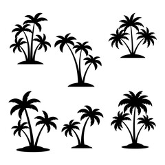 Silhouette Collection: Six Tropical Palm Trees, Minimalist Black and White, Island Vacation Theme, Vector Graphics.