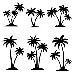 Silhouette Collection: Six Tropical Palm Trees, Minimalist Black and White, Island Vacation Theme, Vector Graphics.