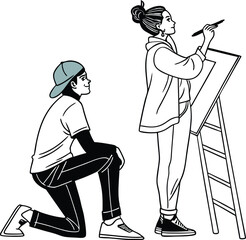 Female Artist Drawing on Easel with Boy Watching – Creative Art Silhouette Vector Illustration