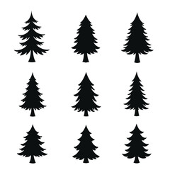 Six stylized evergreen tree silhouettes: minimalist, monochrome, graphic design elements for winter, nature, or holiday projects.