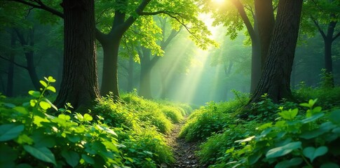 Obraz premium Dappled Sunlight Illuminates Lush Green Forest, Tranquil Nature Scene of Vibrant Foliage and Abundant Undergrowth, Peaceful Outdoor Landscape