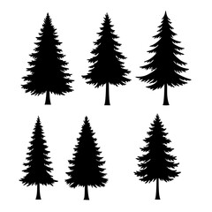 Six stylized evergreen tree silhouettes: minimalist, monochrome, graphic design elements for winter, nature, or holiday projects.