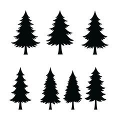 Six stylized evergreen tree silhouettes: minimalist, monochrome, graphic design elements for winter, nature, or holiday projects.