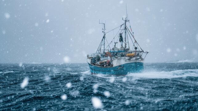 Fishing boat sailing in rough sea during snowfall - Powered by Adobe