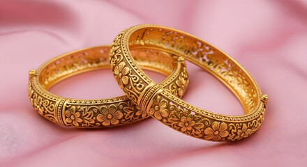 Close up of traditional gold bangles jewelry on pink fabric background for wedding or festive celebration accessory gift