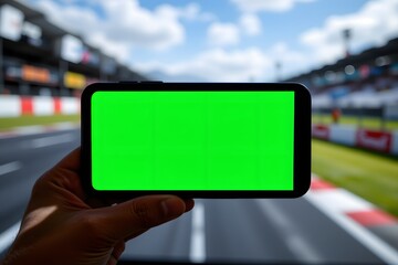 Hand holding phone at Racetrack: A close-up shot showcases a hand gripping a smartphone, its vibrant green screen contrasting with the blurred background of a racetrack.