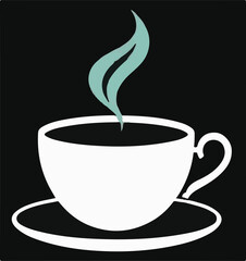 
A clean vector icon of a white coffee cup with a saucer and teal steam, set against a dark background, symbolizing hot beverages, cafes, or relaxation.