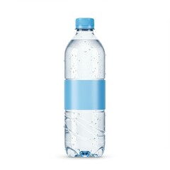 Naklejka premium Studio shot of a transparent bottled water with condensation droplets, featuring a blank blue label for branding or packaging design.