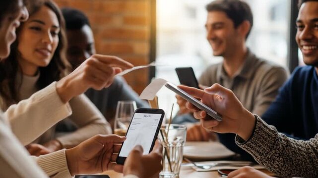 Friends splitting restaurant bill using mobile payment apps on smartphones at a table