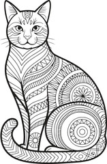 Serene Mandala Cat: Line Art Illustration, Black and White, Adult Coloring Book Design