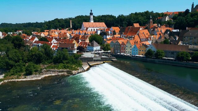 Landsberg am Lech, charming Bavarian town captured from drone. Historic old town, Lech River, Mari&auml; Himmelfahrt Church, aquapark, small waterfall and colorful summer scenery
