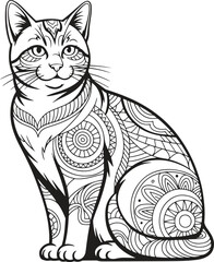 Serene Mandala Cat: Line Art Illustration, Black and White, Adult Coloring Book Design
