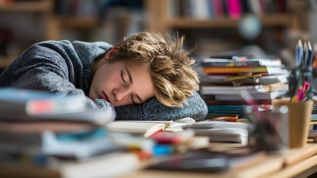 Exhausted student falls asleep on cluttered desk surrounded by books - Powered by Adobe