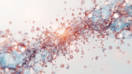 Naklejka premium Complex Mathematical Beauty Visualization of Interconnected Network Structures and Glassy Spheres, Illuminated by a Central Light Flare, Symbolizing Data, Connections, and Scientific Progress.