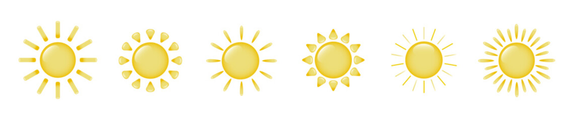 A set of six three dimensional, cartoon sun icons on a transparent background. A collection of cartoon suns with highlights. Logo, sun sticker. The concept of summer and weather. Vector EPS 10.
