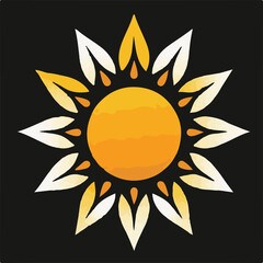 
A bright vector illustration of a stylized sun with an orange center and radiating petals in shades of yellow and white, set against a dark background.