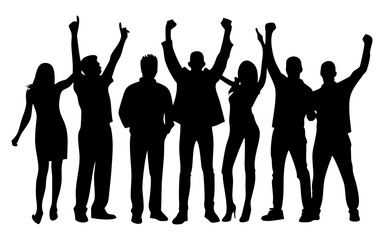 Group of people hands up full black silhouette vector illustration design