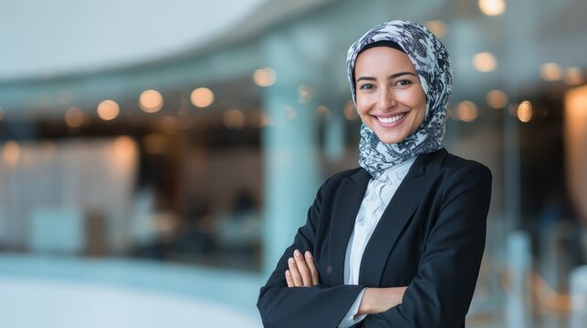 Young Arab businesswoman smiling with confidence, representing modern professionalism and self-assurance.
