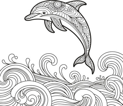 Intricate Zentangle Dolphin Leaping Over Ocean Waves: Playful, Whimsical Line Art Illustration for Coloring Book, Adult Coloring Pages