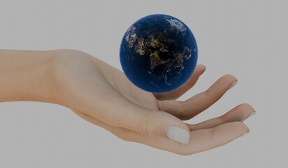 Hand and globe, love the world concept, white background, 3D illustration