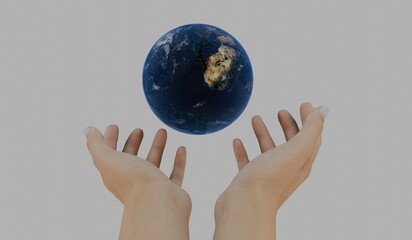 Hand and globe, love the world concept, white background, 3D illustration