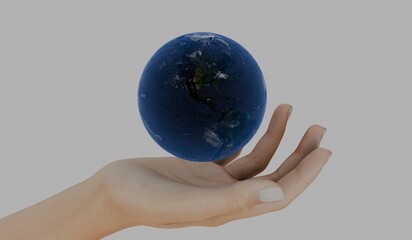 Hand and globe, love the world concept, white background, 3D illustration