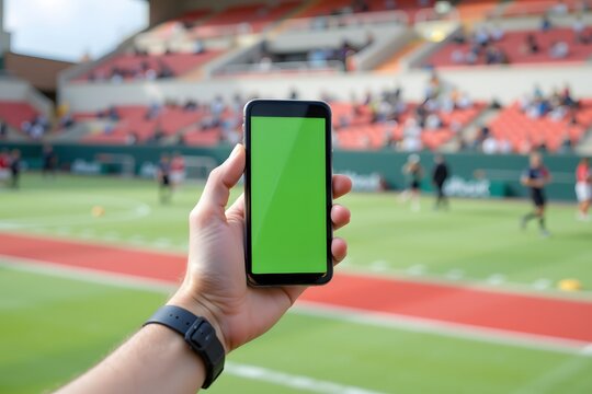 Tech Time at the Game: A person holds a smartphone with a blank green screen, offering a glimpse of the vibrant sports field in the background.