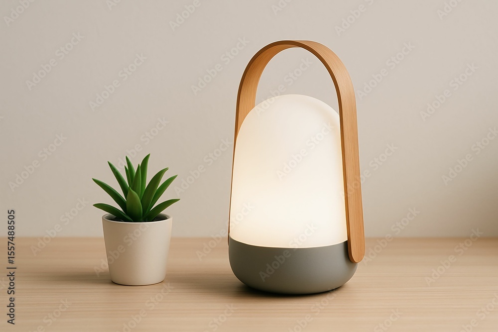 Poster modern-style diffuser with wooden handles on table next to small plant in white pot.