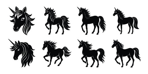 Most popular majestic horse unicorn detailed hairs silhouette set