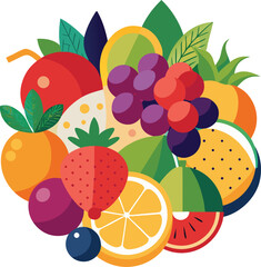 Vibrant assortment of fresh fruits and green leaves in a circular composition