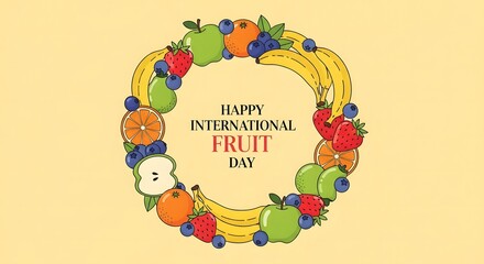 Fototapeta premium Colorful Fruit Wreath with Happy International Fruit Day Message on Light Yellow Background
