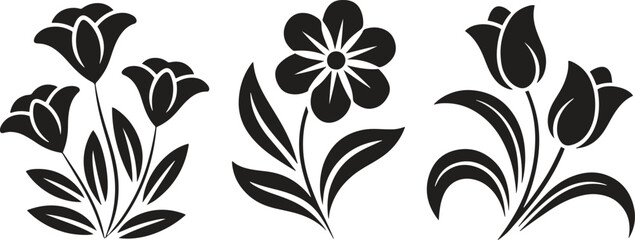Three floral silhouettes with leaves isolated on white background silhouette
